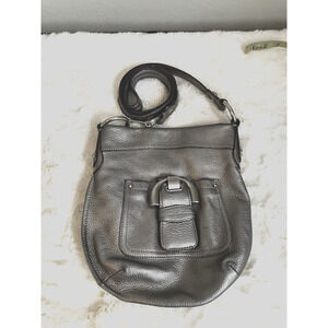 B Makowsky Cross Body Shoulder Bag Slim Hobo Purse Silver Pebbled Leather